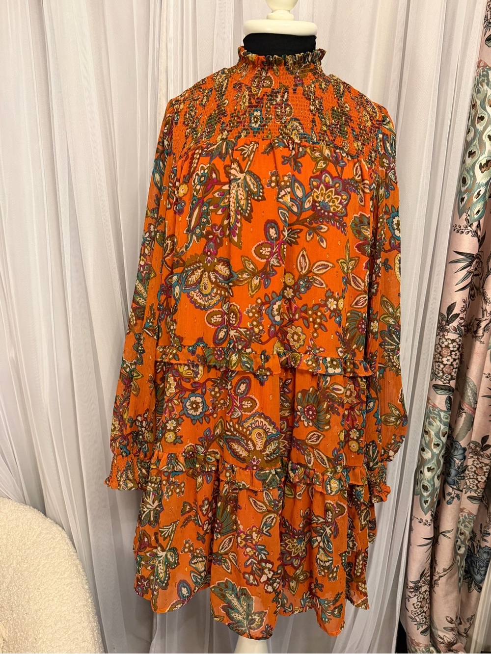 Fate Orange Paisley Tiered Smocked-Neck Mini Dress